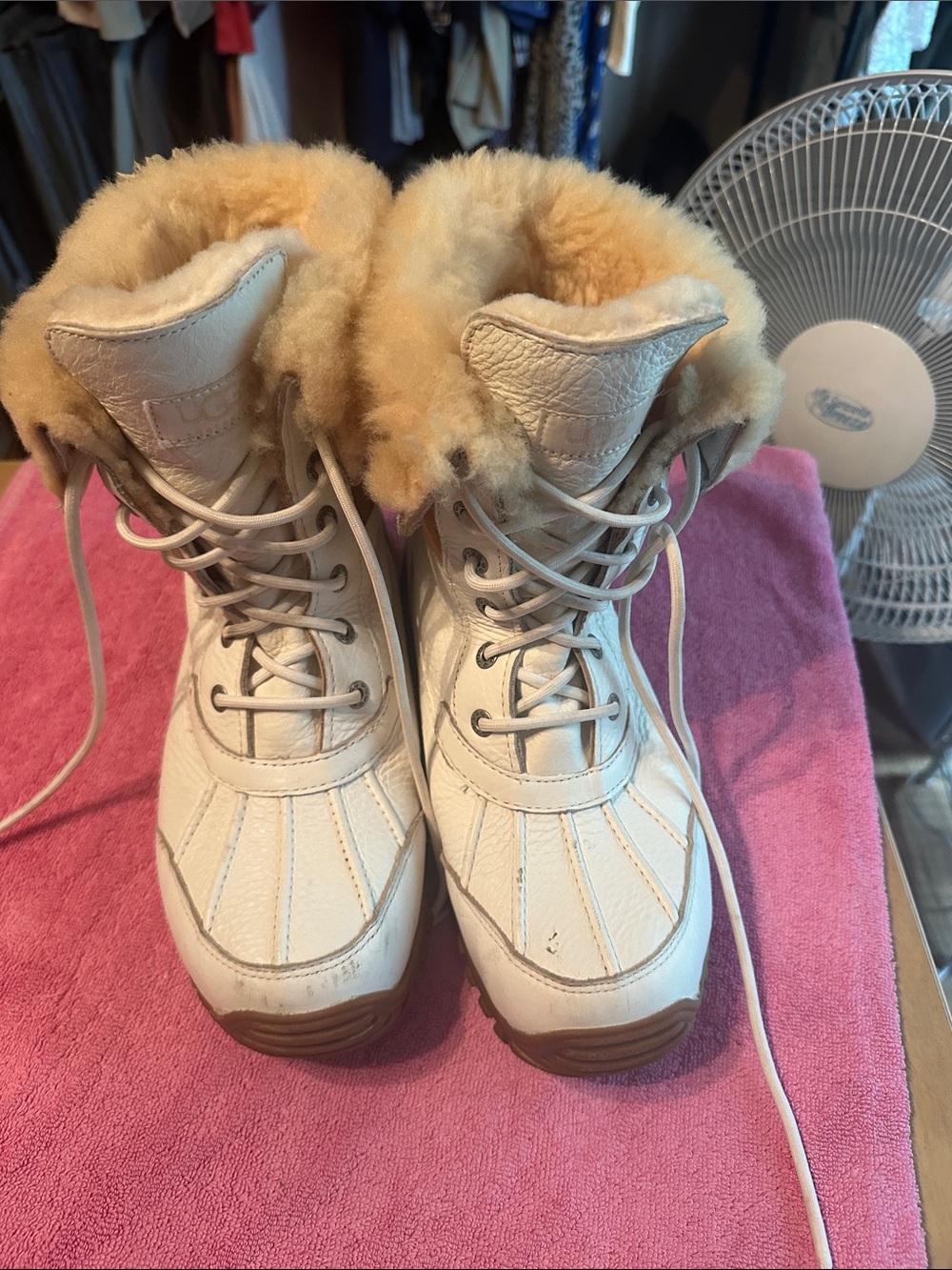 UGG Cream Leather Lace-Up Winter Boots with Shearling Cuff